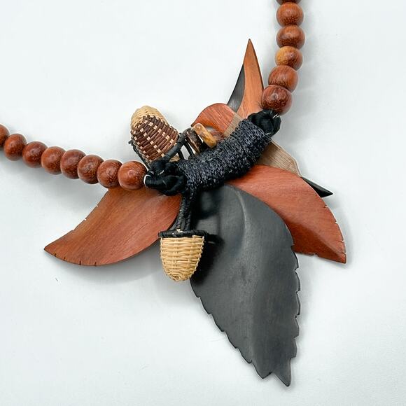 Carved Wood Hummingbird Statement Necklace Vtg Chunky Boho 1970s Beaded Handmade - Picture 9 of 13